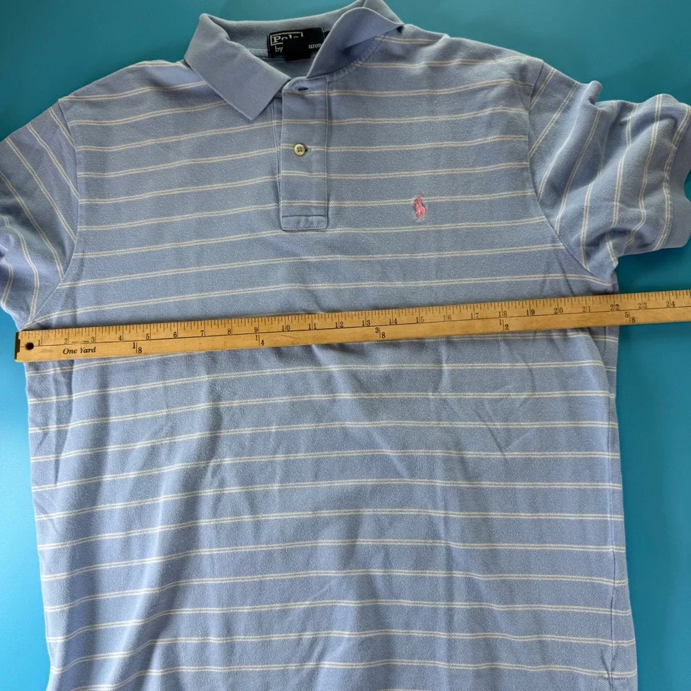 Polo Ralph Lauren Mens Large Blue White Striped Short Sleeve Pique Polo Shirt